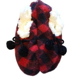 NWT MUK LUKS Size Large Red Black Buffalo Plaid Sherpa Ballet Slippers Slip Grip